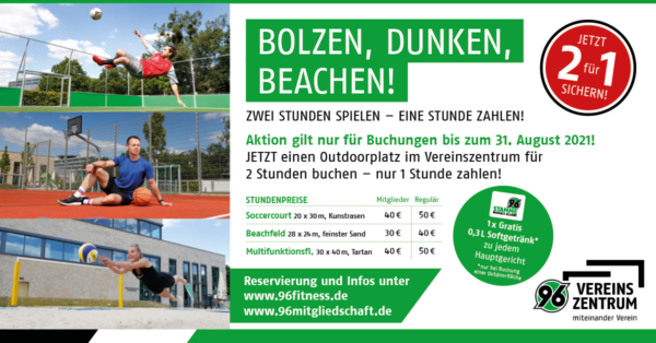 Anzeige: Menschen, die Fußball, Basketball und Beachvolleyball spielen, mit Sportangeboten und Preisangaben auf Deutsch.
