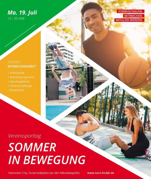 Flyer mit Menschen, die Basketball spielen, Sport treiben und einem Jungen auf einem Klettergerüst; der Text wirbt für eine Sommersportveranstaltung.